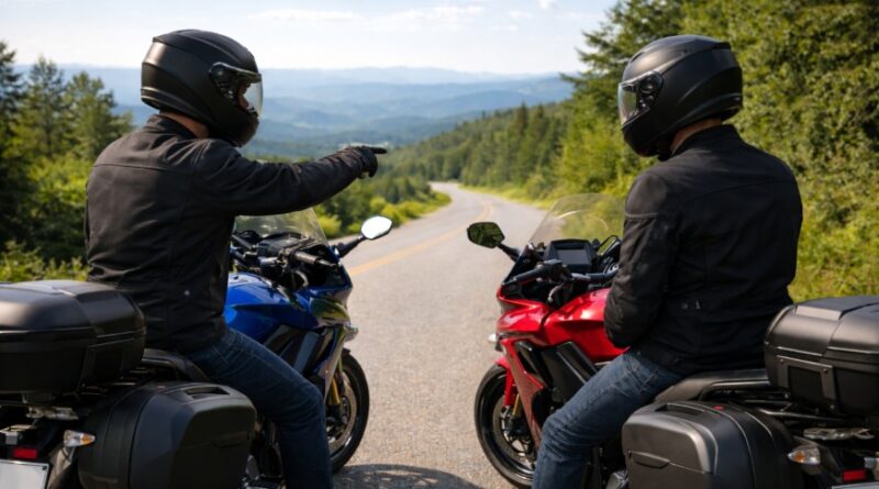 Two sport touring riders stopped on a mountain road, one gesturing ahead while discussing riding strategy with the other.