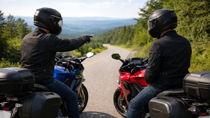 Two sport touring riders stopped on a mountain road, one gesturing ahead while discussing riding strategy with the other.