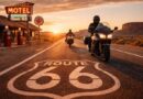Riders on Route 66 passing an imagined historic roadside gas station.