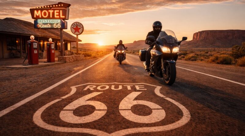 Riders on Route 66 passing an imagined historic roadside gas station.