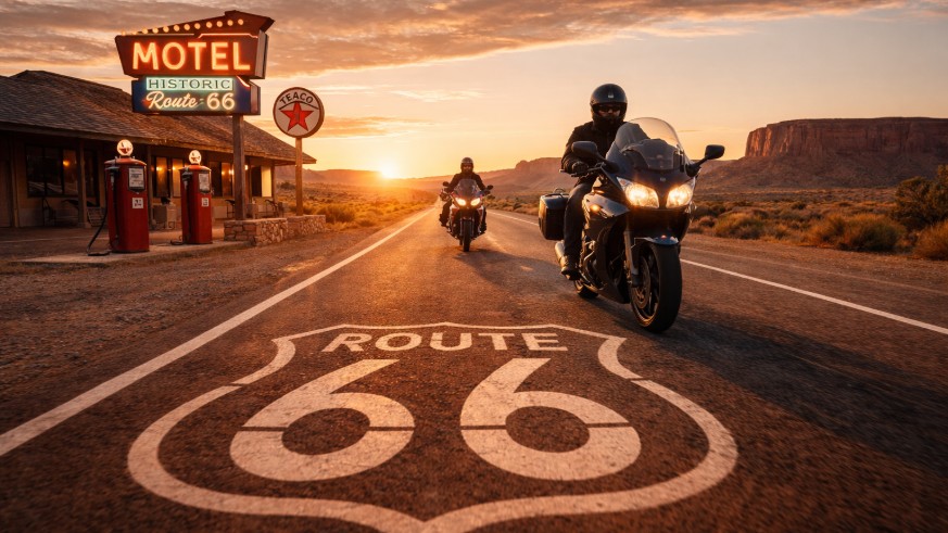Riders on Route 66 passing an imagined historic roadside gas station.