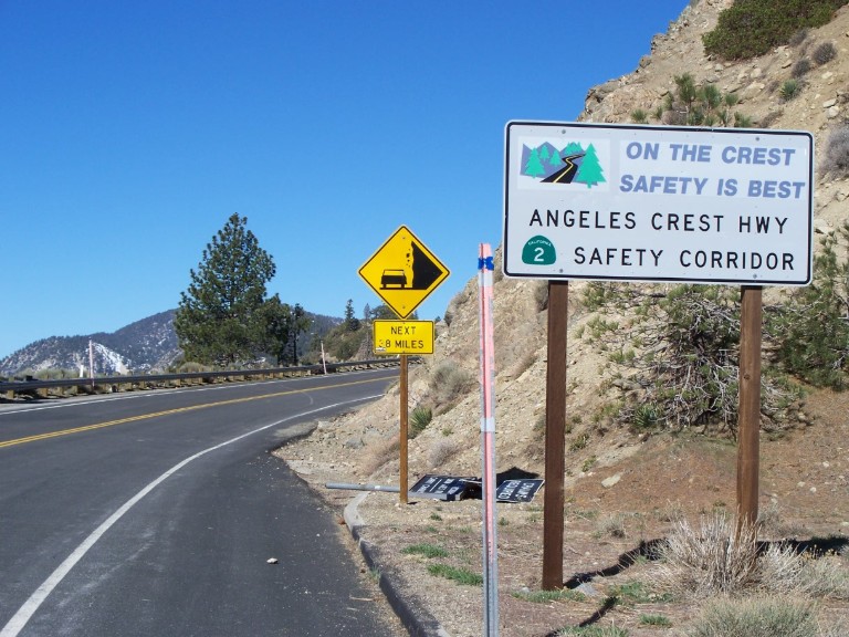 Angeles Crest Highway sign warning riders to take care