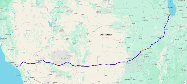 Map showing historic Route 66 from Chicago to Santa Monica
