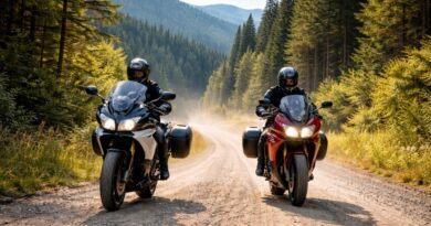 Two sport touring bikes riding a gravel road