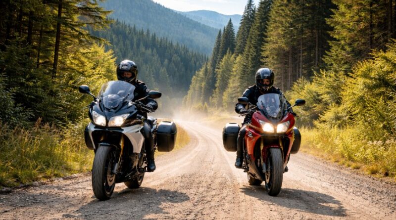 Two sport touring bikes riding a gravel road
