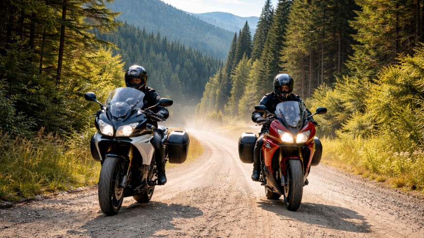 Two sport touring bikes riding a gravel road