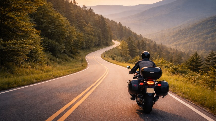 Solo-rider heading into a new day on a curving road