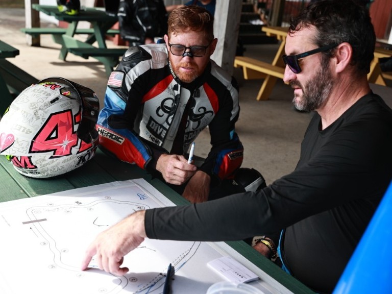 Rider and coach reviewing lines and reference points to understand the root causes behind cornering mistakes