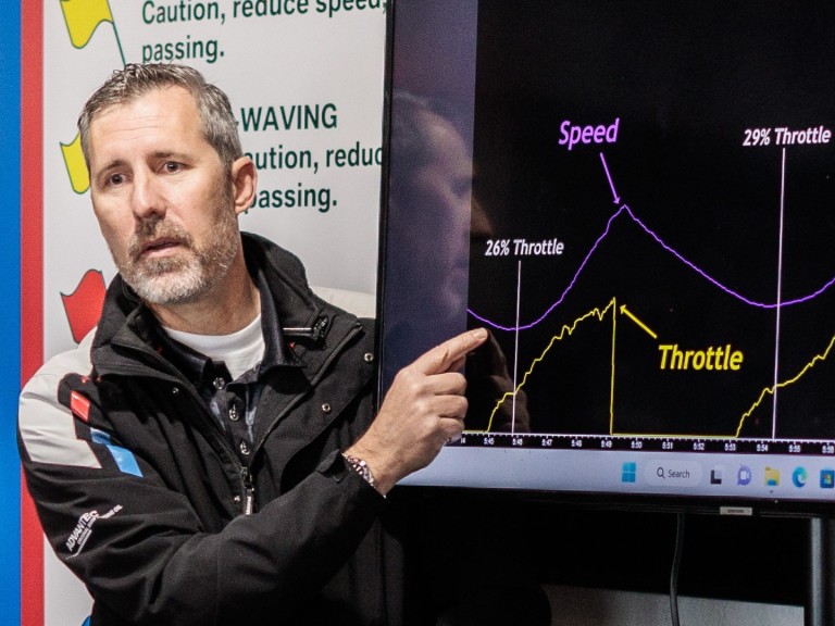 Dylan Code explaining how analyzing throttle, speed, and timing telemetry helps riders understand how small inputs shape their corner entry and exit