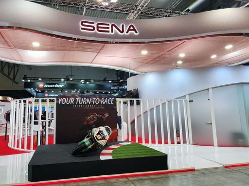 Sena stand where the 60X was announced at the EICMA 2025 motorcycle exhibition in Milan