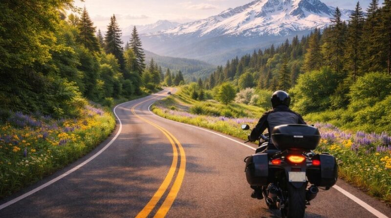 Solo rider approaching mountain on winding road.