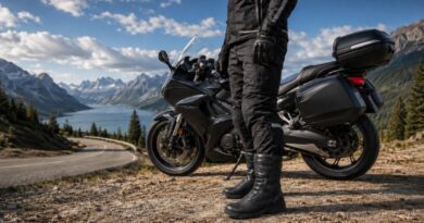 Sport touring boots near a curving mountain road above a lake