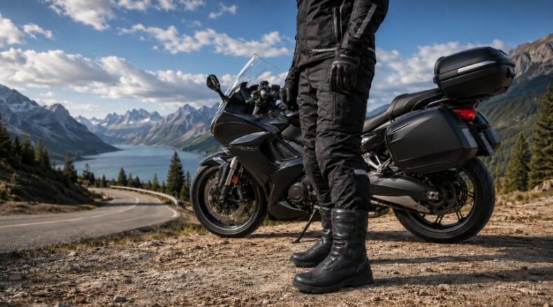 Sport touring boots near a curving mountain road above a lake