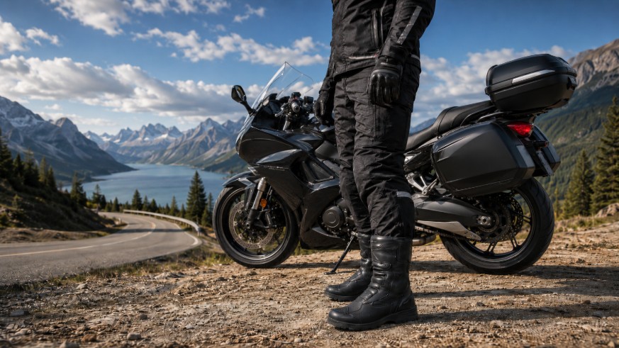Sport touring boots near a curving mountain road above a lake