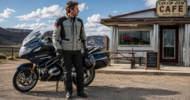 Sport touring rider parked outside a roadside diner
