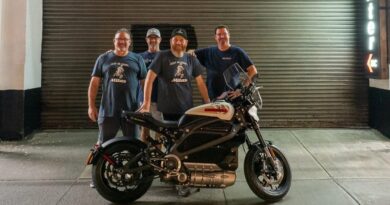 Aaron Pufal and team with a Harley-Davidson LIveWire One at the Red Ball Garage in New York