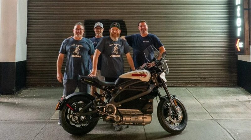 Aaron Pufal and team with a Harley-Davidson LIveWire One at the Red Ball Garage in New York