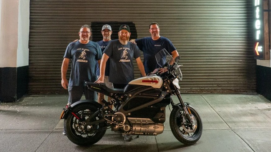 Aaron Pufal and team with a Harley-Davidson LIveWire One at the Red Ball Garage in New York