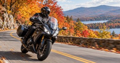 Motorcycle rider in autumn sun