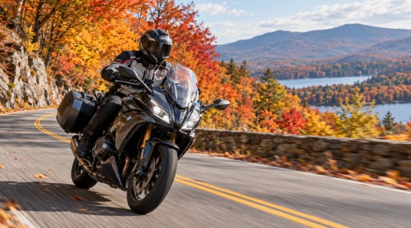 Motorcycle rider in autumn sun
