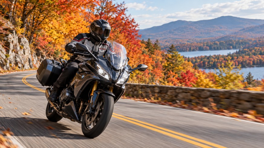 Motorcycle rider in autumn sun